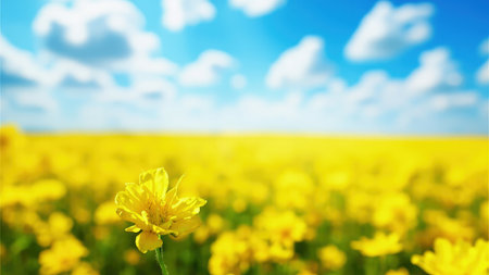 A yellow flower in focus against a field of yellow flowers under a blue sky with white clouds.の素材