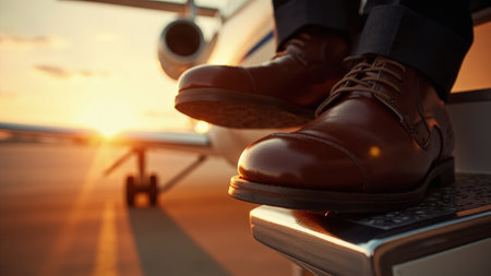 Close-up of brown leather shoes stepping onto airplane stairs with a golden sunset in the background.の素材