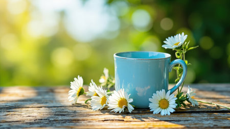 A blue mug with white daisies on a wooden table against a blurred green and yellow background.の素材
