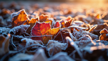 Close-up of colorful autumn leaves with frost, showcasing vibrant reds, oranges, and yellows, illuminated by sunlight.の素材