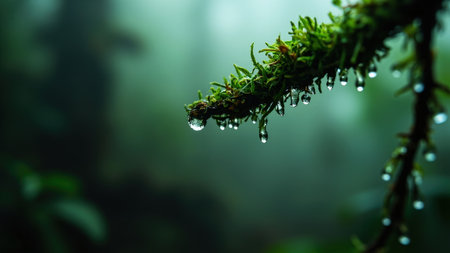 A mossy branch with water droplets against a blurred green and blue background.の素材