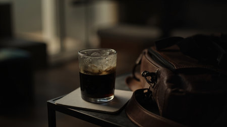 A glass of iced coffee sits on a coaster next to a leather bag in a dimly lit room.の素材