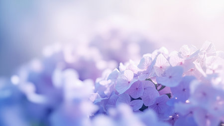 Close up of purple and white hydrangea flowers with soft focus and bright sunlight.の素材