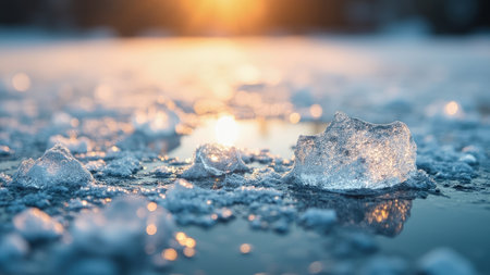 Close-up of ice formations reflecting the warm light of a sunset, creating a tranquil and serene atmosphere.の素材