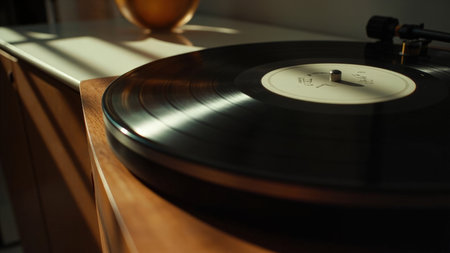 A black vinyl record on a wooden turntable with a white label, illuminated by warm sunlight creating shadows.の素材