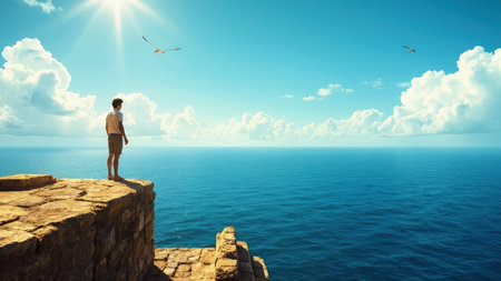 A man stands on a cliff overlooking the ocean under a bright sun, with birds flying in the sky.の素材