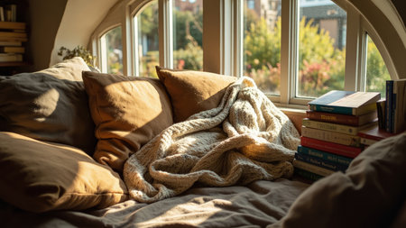 A cozy window seat with pillows blanket and books bathed in warm sunlight creating a relaxing atmosphere.の素材