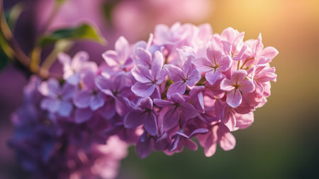 A close-up of lilac flowers in shades of purple and pink with a soft focus and warm sunlight.の素材