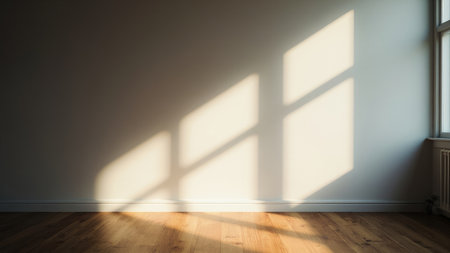 Interior room with wooden floor and white wall with shadows from a windowの素材
