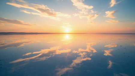 Calm water reflects the sunset sky with orange and blue hues, creating a mirrored effect.の素材