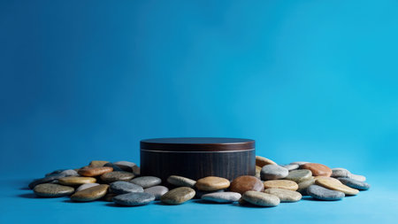 Black wooden podium surrounded by stones on a blue background, minimal composition.の素材