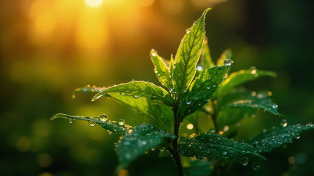 Green plant leaves with water droplets illuminated by golden sunlight against a blurred background.の素材