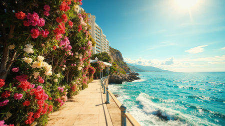 Coastal pathway with vibrant pink and red flowers, ocean waves, and a bright blue sky.の素材