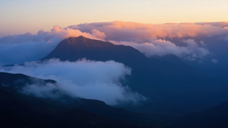 Mountain range with clouds at sunset showing pink and orange hues.の素材