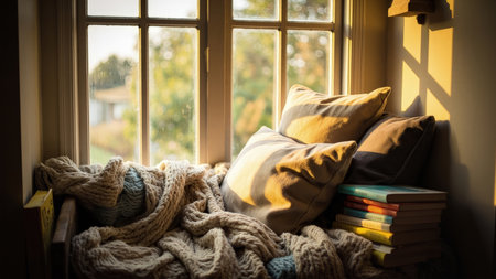 Window seat with pillows and blanket bathed in warm sunlight, with a stack of books and a blurred outdoor view.の素材