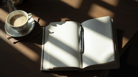 Open notebook with pen on a wooden table with coffee and sunlight shadows.の素材