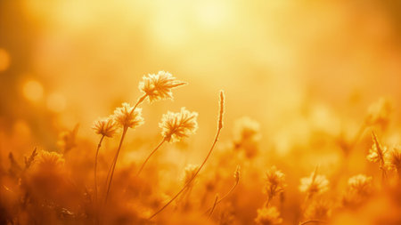 Warm orange and yellow tones illuminate wildflowers in a field with soft focus creating a dreamy atmosphere.の素材