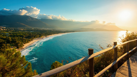 A coastal landscape with a wooden railing overlooking a turquoise ocean waves and a sandy beach under a sunny sky.の素材