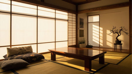Interior with tatami mats, low table, shoji screens, bonsai tree, and cushions bathed in sunlight.の素材