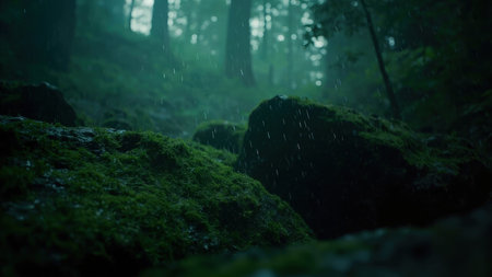 Green moss covers rocks in a forest as rain falls creating a moody, wet atmosphere.の素材