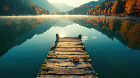 Wooden pier on a lake with mountain reflections and autumn trees in a serene setting.の素材