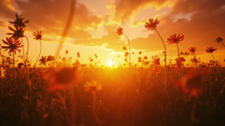 A field of wildflowers silhouetted against a warm sunset with orange and red hues.の素材