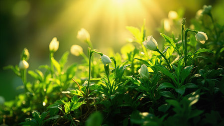 White snowdrop flowers and green leaves with sunlight streaming through the background.の素材