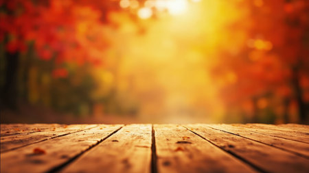 Wooden table with blurred autumn foliage background warm orange and brown colors and sunlight.の素材