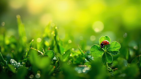 A ladybug on a four-leaf clover in a vibrant green field with sunlight and bokeh effect.の素材