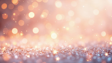 Pink and gold bokeh background with sparkling glitter and glowing light particles creating a festive atmosphereの素材