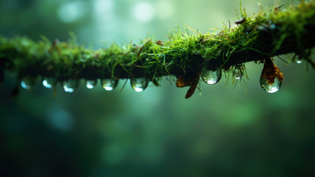 A mossy branch with water droplets hanging below against a blurred green forest background.の素材