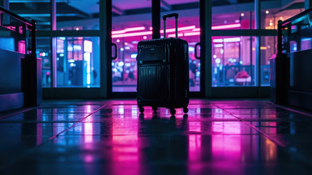 Black rolling suitcase stands in a neon-lit airport terminal with pink and blue reflections on the wet floor.の素材