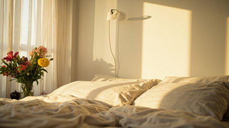 A bedroom scene with a bed, pillows, and a vase of flowers bathed in warm sunlight.の素材