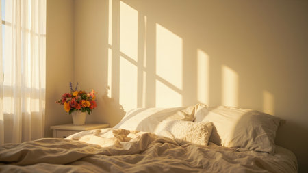 A bedroom interior with a bed, soft bedding, and pillows. Sunlight and shadows illuminate the scene.の素材