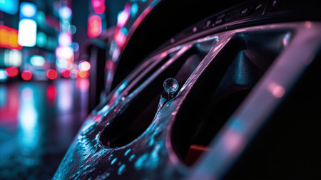 Car wheel detail with crystal ball against a blurred city background with neon lights in purple and blue.の素材