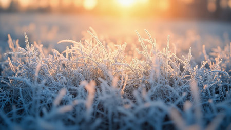 Close up of frosted grass lit by golden sunlight creating a blurred natural background with cool blue and warm orange tones.の素材