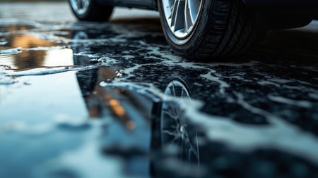 Car tire and wheel reflected in soapy water on wet asphalt, with soap bubbles, creating a textured surface.の素材