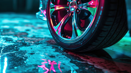 A car wheel with a chrome rim reflects neon pink and green lights on a wet, blue-toned surface.の素材