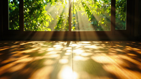 Sunlight streams through a window illuminating a wooden floor creating shadows and a warm atmosphere.の素材