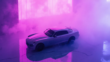 A white luxury car in a room with pink and purple smoke and reflections on the floor.の素材