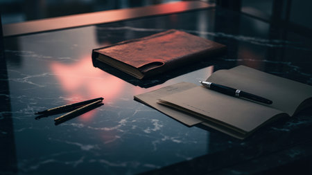 A brown leather book and open notebook with a pen on a dark marble table with two pens and warm light reflections.の素材
