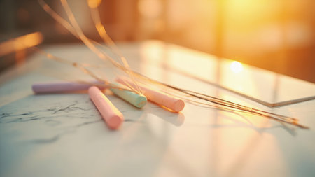Pastel chalk sticks and golden strands on a marble surface with warm light and soft focus.の素材