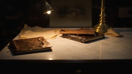 A close-up of a desk with old books aged paper and a brass lamp under warm light creating a vintage mood.の素材