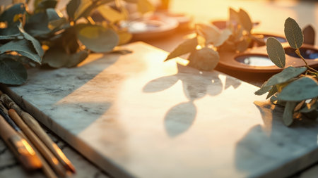 Marble surface with green leaves and paintbrushes bathed in warm sunlight with soft shadows and blurred background elements.の素材