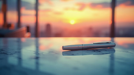 Silver pen on a marble surface with a blurred sunset cityscape background and reflections.の素材