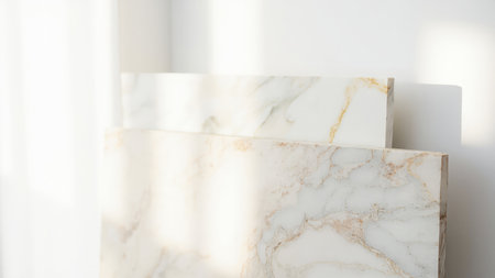 Two marble slabs with beige and gold veining against a white wall, illuminated by sunlight.の素材
