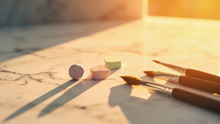 Pastel chalks and paintbrushes on a marble surface bathed in warm sunlight with long shadows.の素材