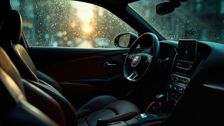 Interior of a car with leather seats and steering wheel visible through a rain-covered window with blurred city lights.の素材