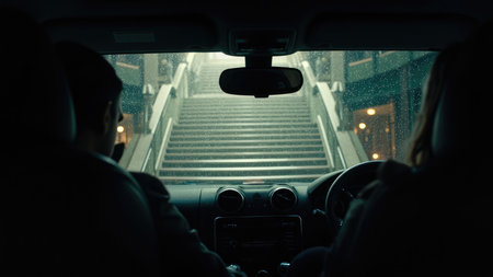 Interior car view of two people looking at a staircase through a wet windshield in the rain.の素材