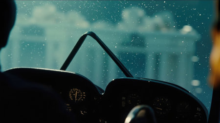 Airplane cockpit interior with dashboard and windshield wipers against a blurred building background and falling snow.の素材